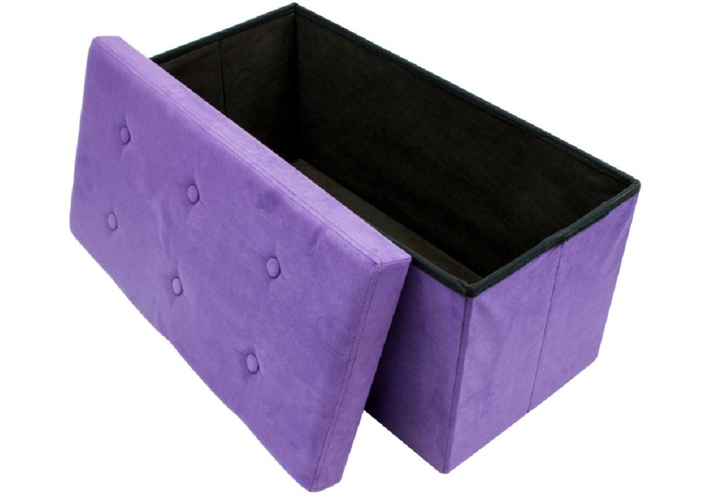 purple storage ottoman with lid off