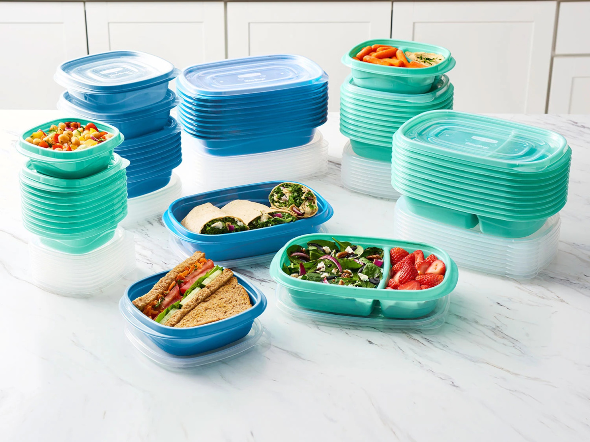 stacks of teal and blue food storage containers