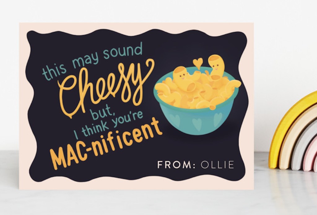 mac and cheese valentines day card on counter