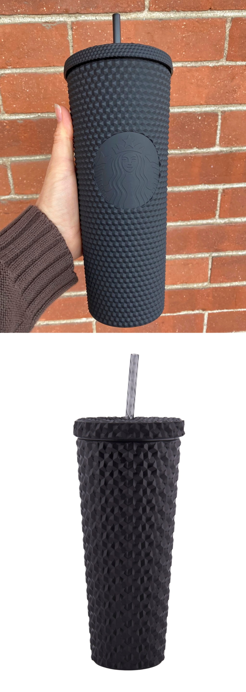 two matte black studded straw tumblers
