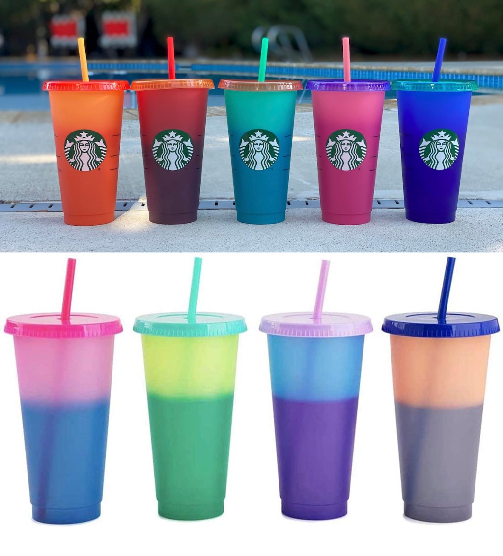 rows of colorful color changing cups with straws