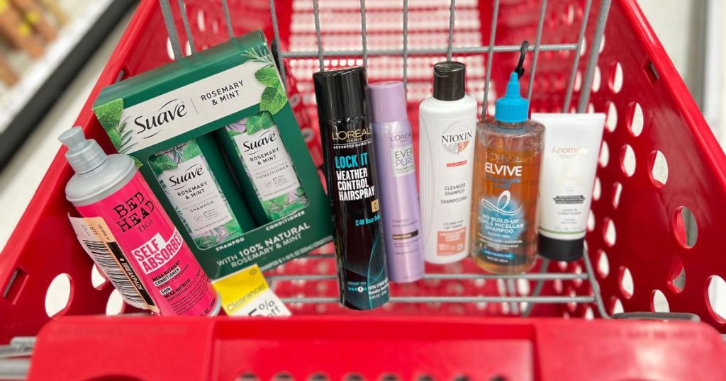 Target shopping cart filled with hair items