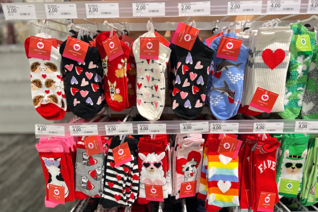 various valentines day socks on display at target