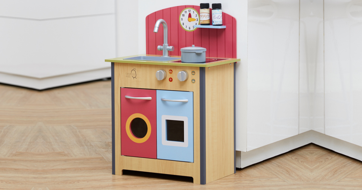 red and blue wooden kitchen