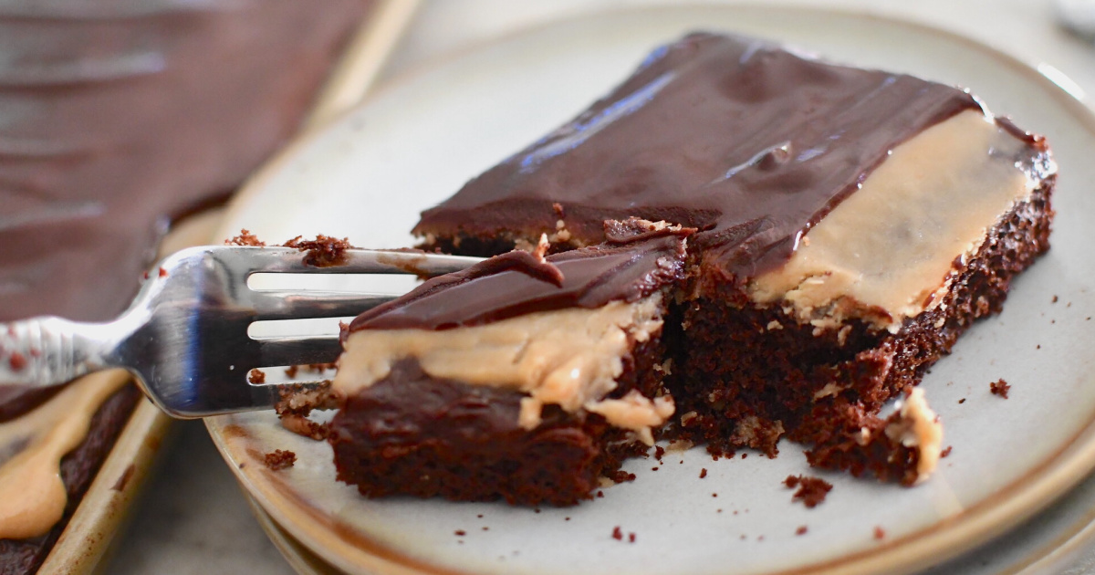 An iced chocolate cake on a plate with a fork