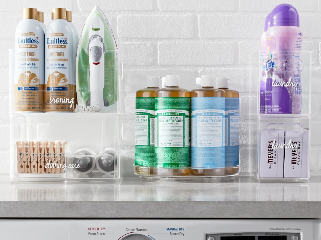 laundry products in clear organizers