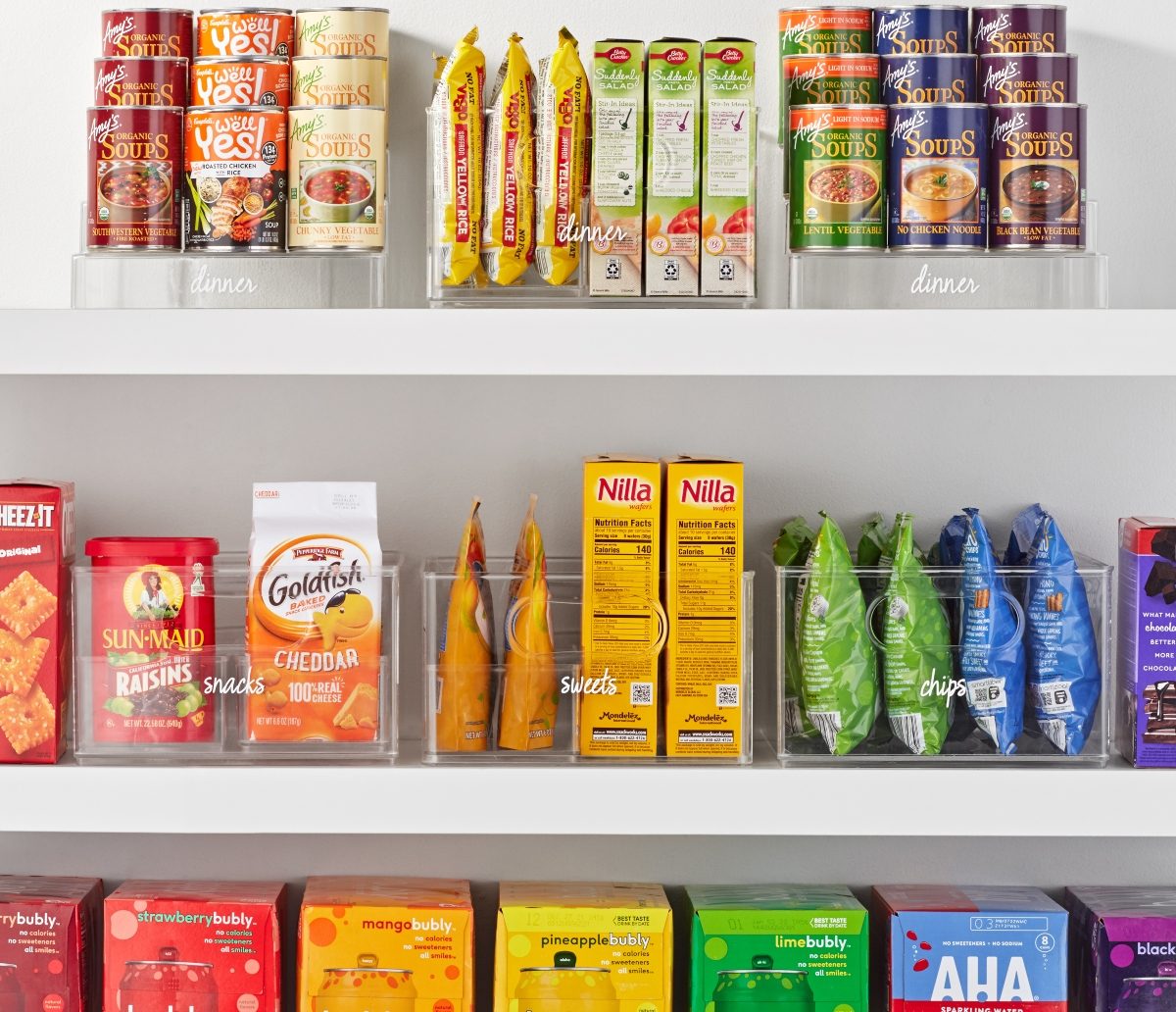 pantry items in clear organizers