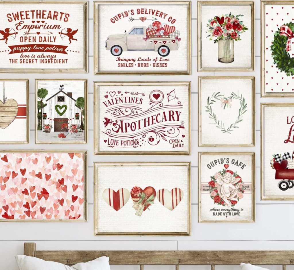 many farmhouse valentines day prints on wall