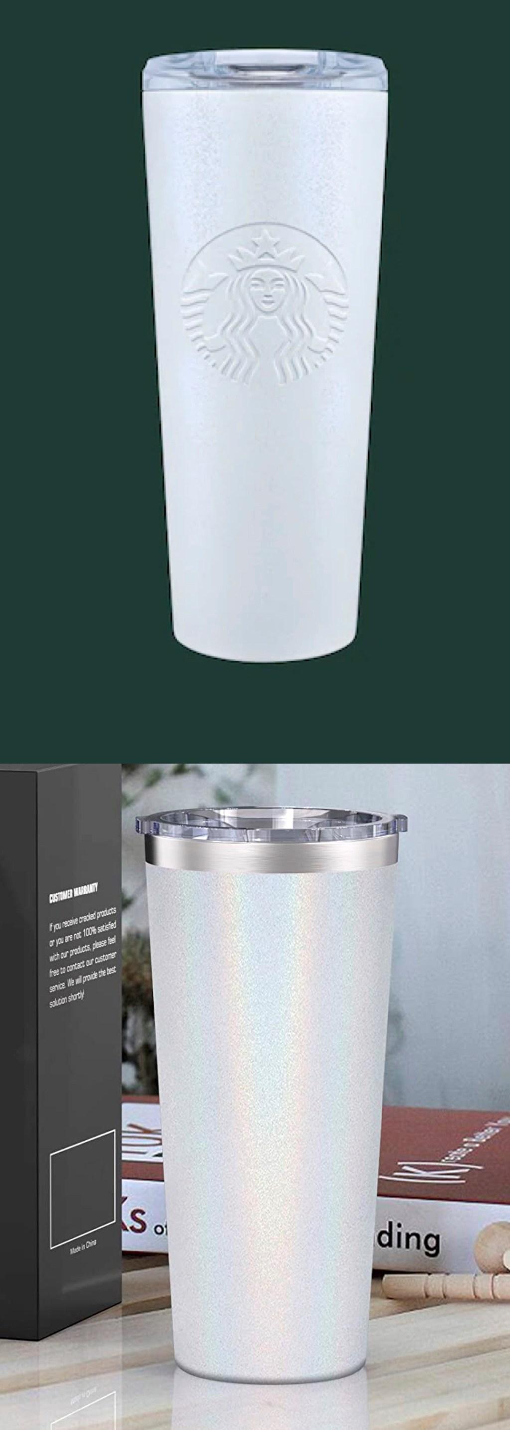 comparison between two white glitter coffee mugs