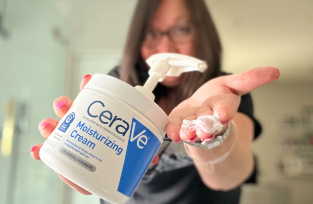 woman with cera ve moisturizing cream
