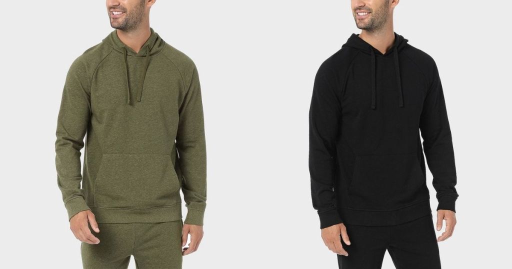 man wearing green terry cotton pullover nad man wearing black terry cotton pullover
