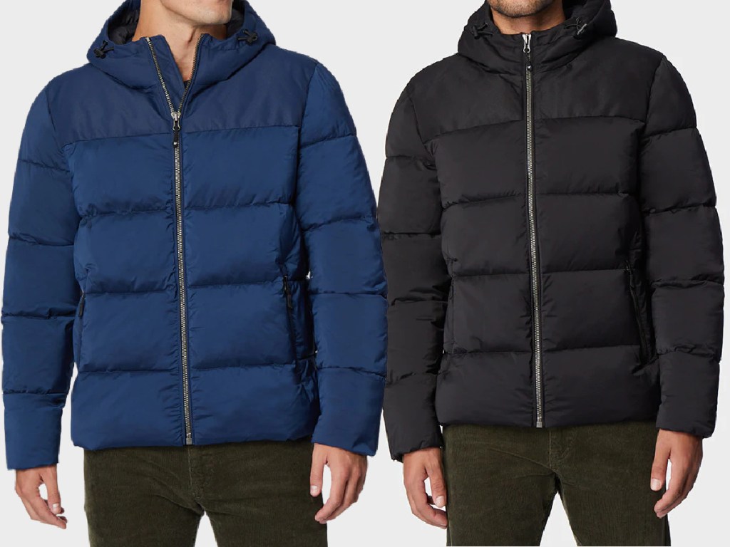 man wearing navy hooded puffer jacket and man wearing black hooded puffer jacket