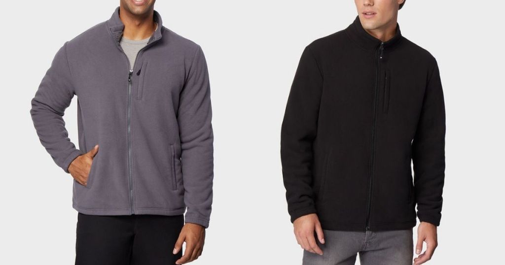 man wearing blue zip up sherpa jacket and man wearing black zip up sherpa jacket