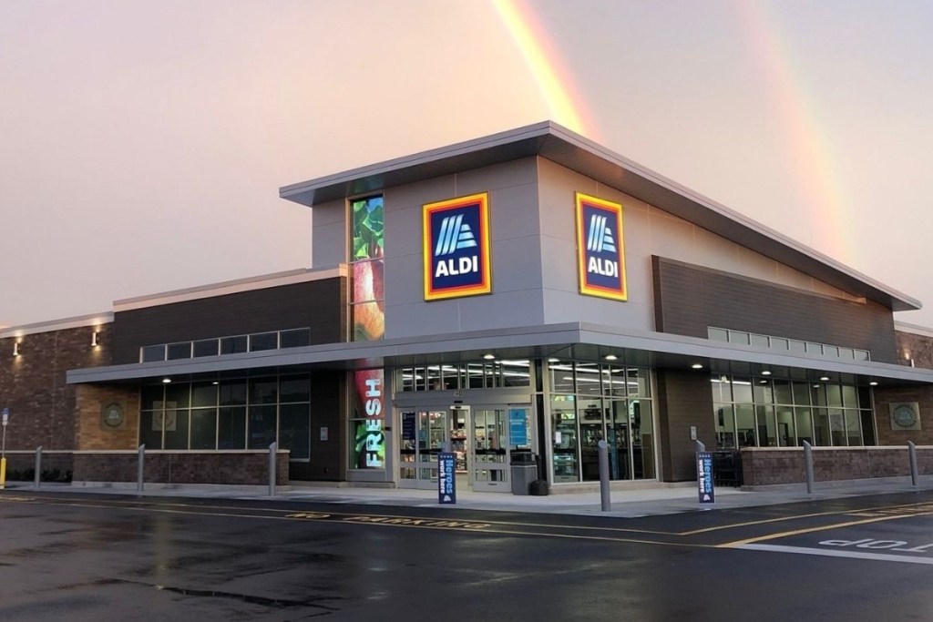 An ALDI Storefront with a rainbow