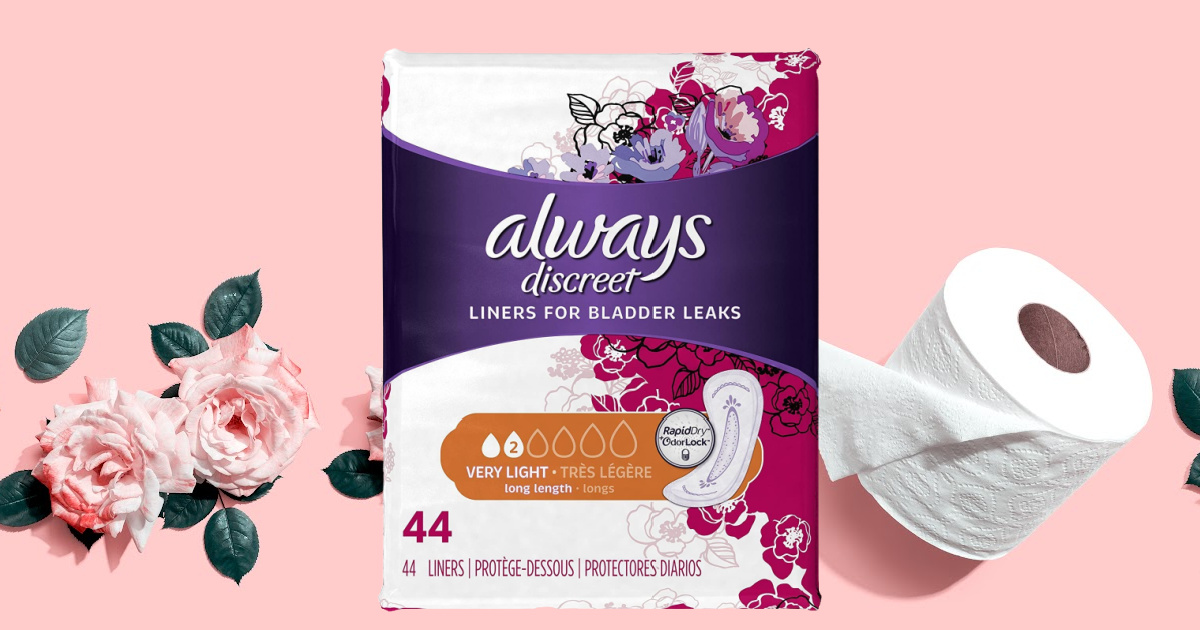 package of female incontinence liners, roll of toilet paper, and roses