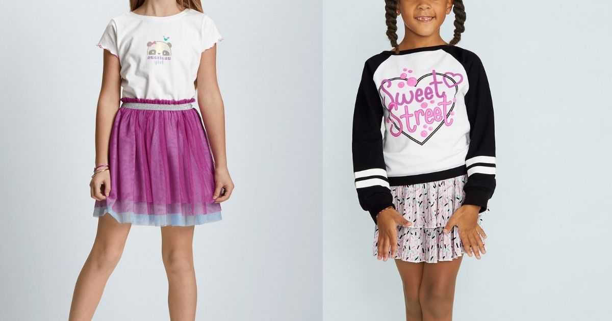 2 girls wearing American Girl tops and skirts