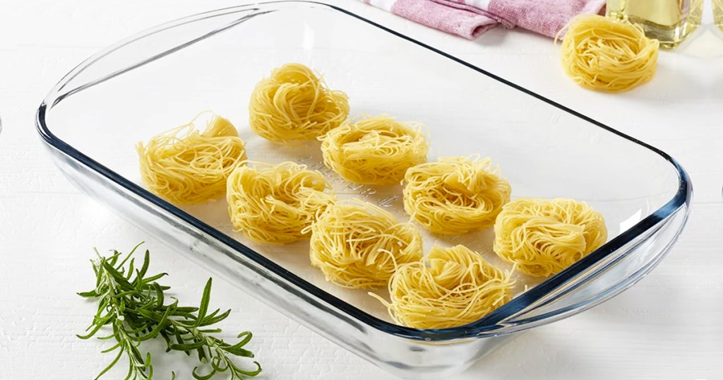 glass baking dish with spaghetti balls