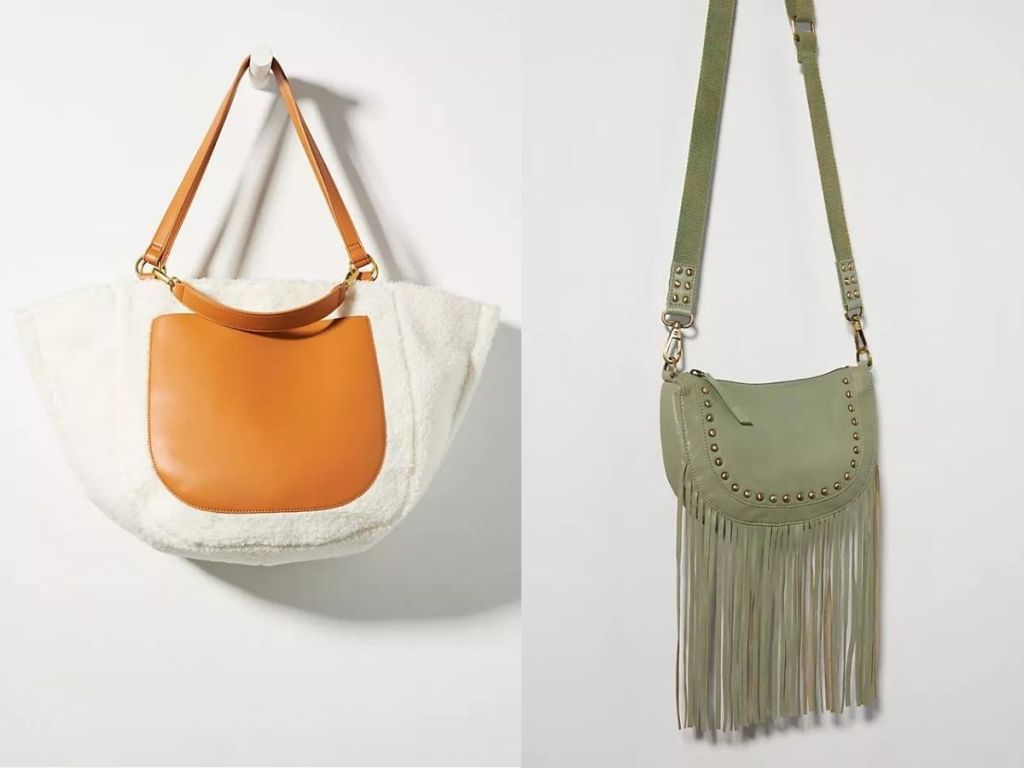 Anthro white and tan sherling tote bag and Anthro green fringe crossbody bags hanging on hooks