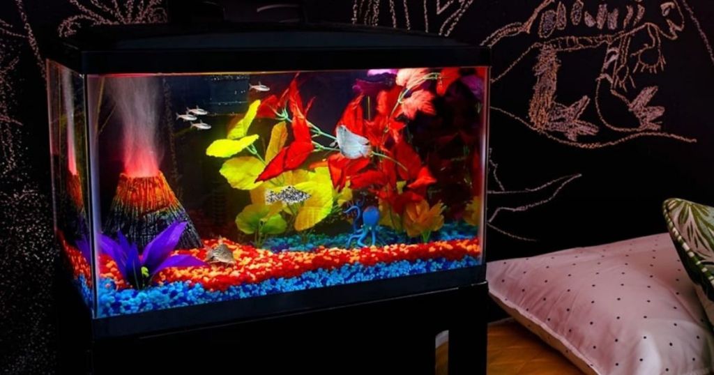 fish tank next to a bed