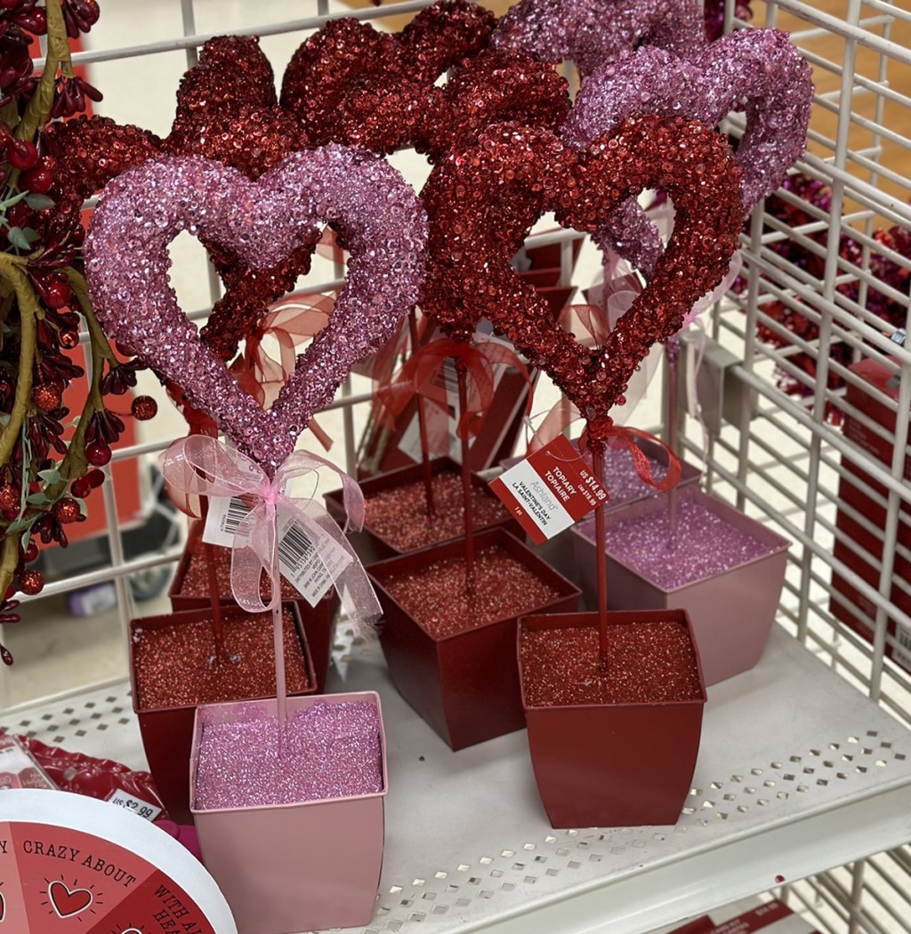 glittery pink and red heart shaped topiaries