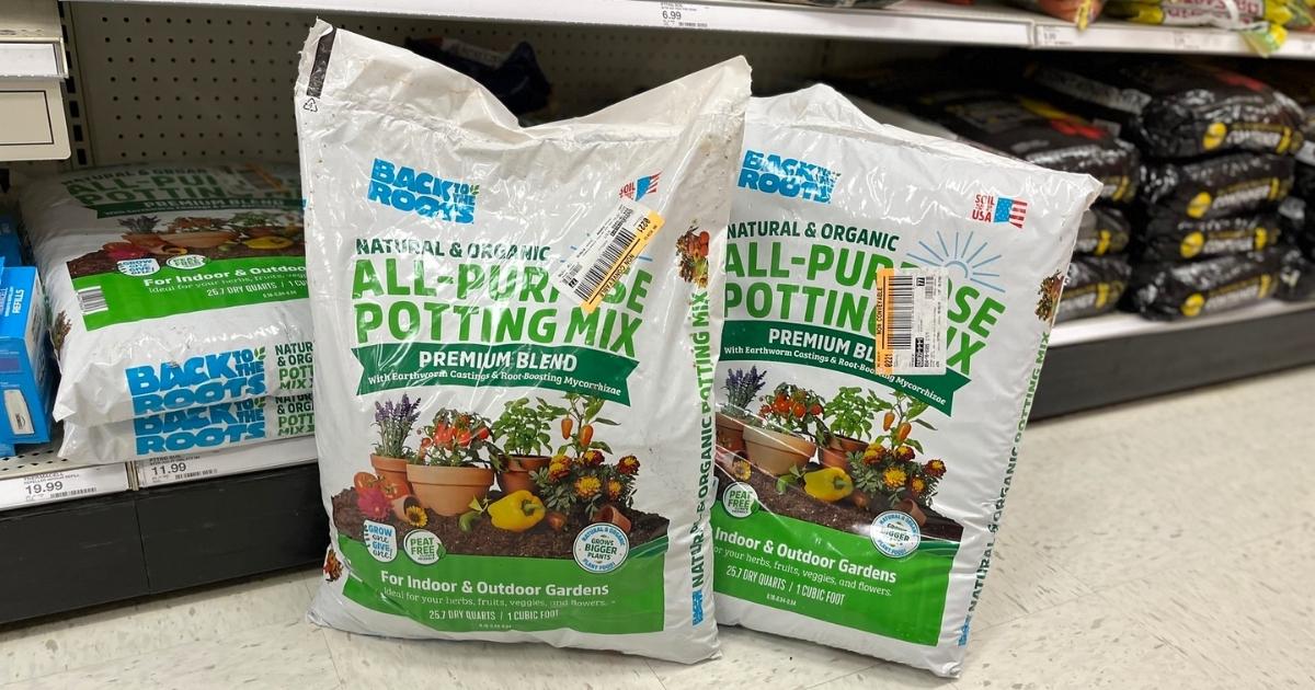 two bags of back to the roots potting soil in store