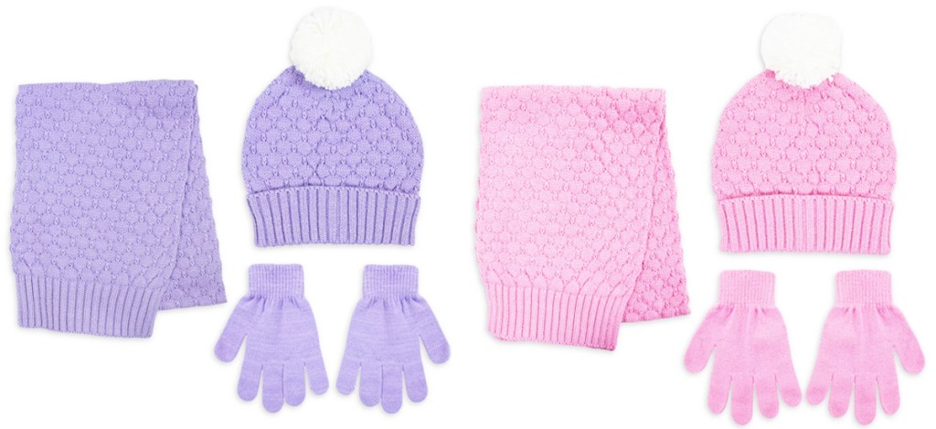 purple and pinke beanie, scarf, and gloves set