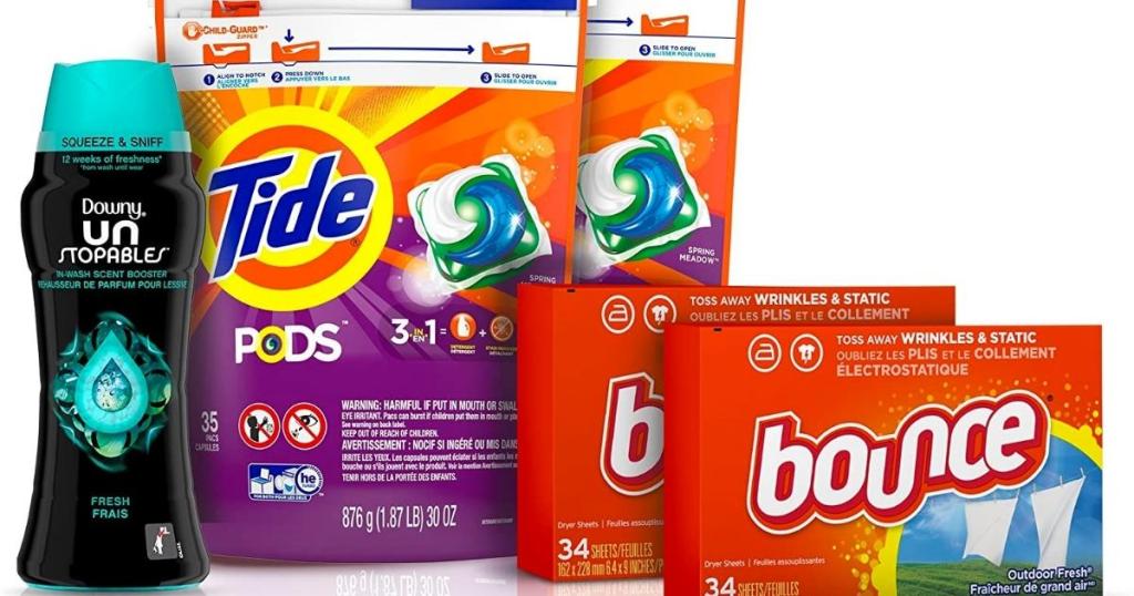 better together laundry bundle with tide pods, downy unstoppables and bounce dryer sheets