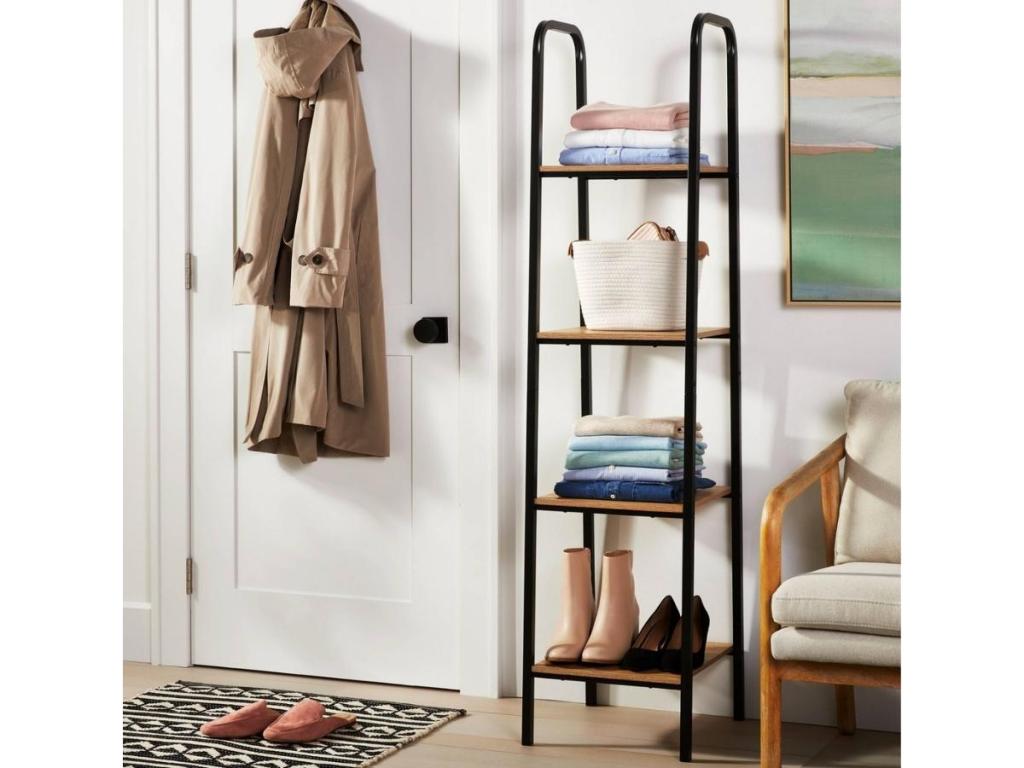 Brightroom 4 Shelf Tower, Black Metal w/ Natural Wood