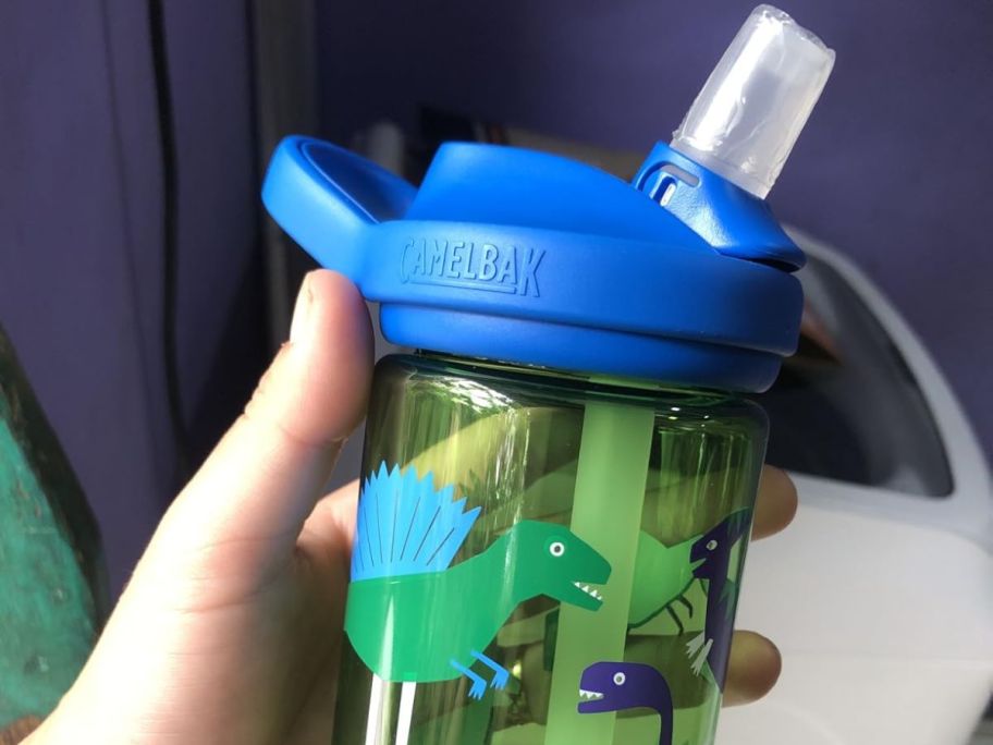 Hand holding a CamelBak Eddy+ 14oz Kids Water Bottle with donosaurs on it
