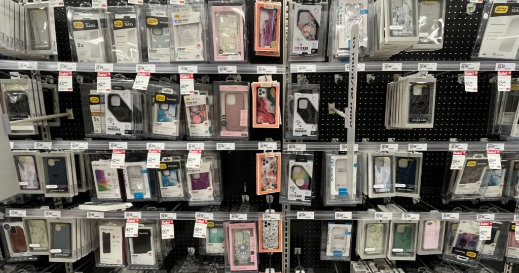 phone cases on shelf at store 