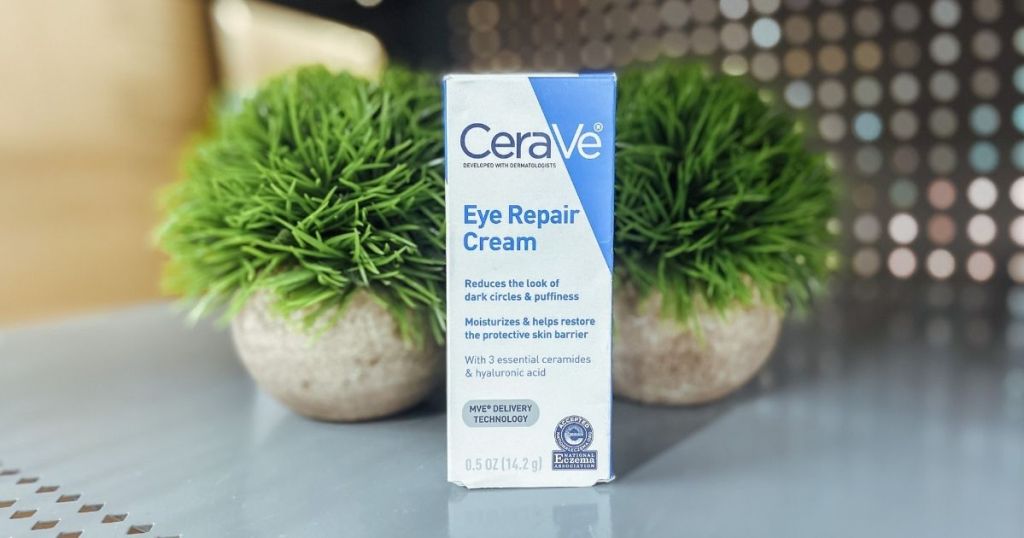 CeraVe Eye Repair Cream on shelf with plants in background