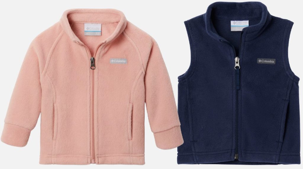 baby pink fleece jacket and blue fleece vest