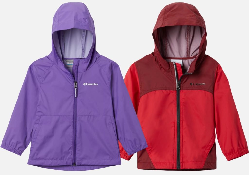 kids purple rain jacket and red rain jacket