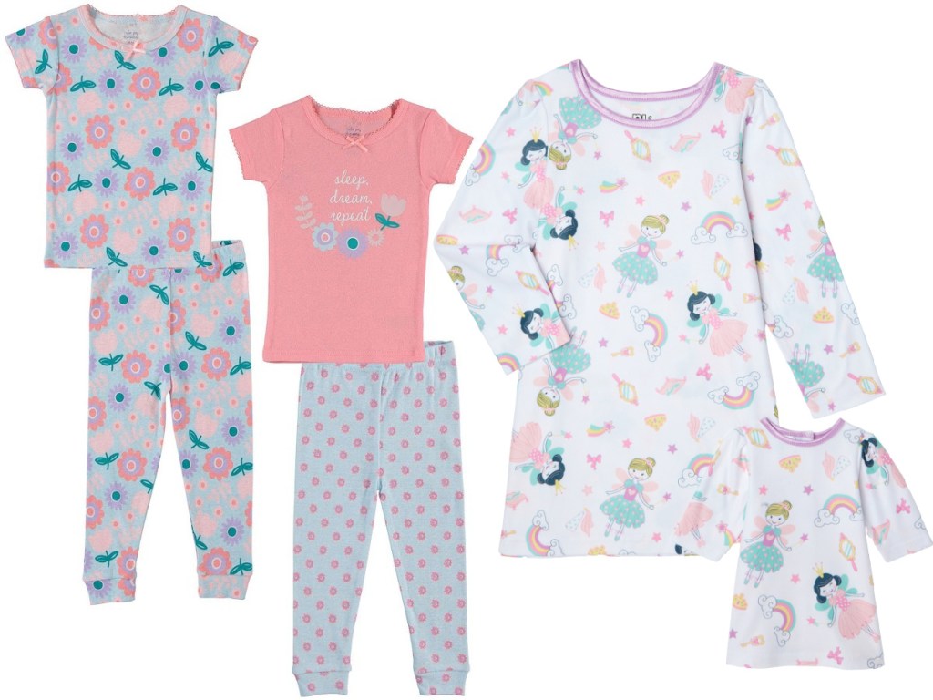 two girls pajama sets and matching girl and doll nightgowns