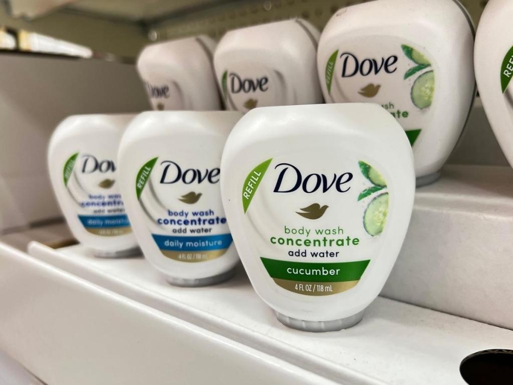 bottles of dove body wash concentrate refills in store