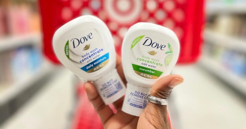 two bottles of dove body wash concentrate refills in store