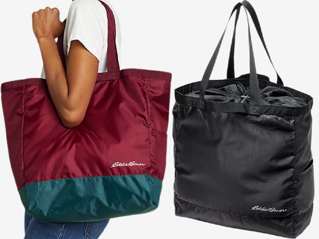 woman carrying red and green tote bag and black tote bag