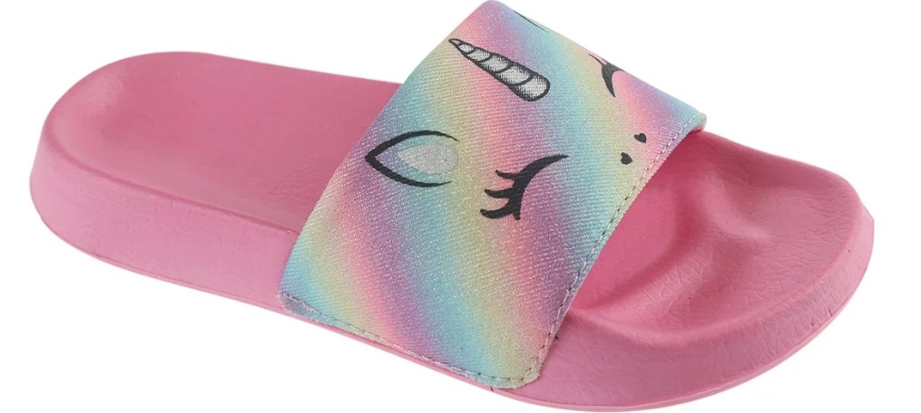 pink sandal with rainbow unicorn design