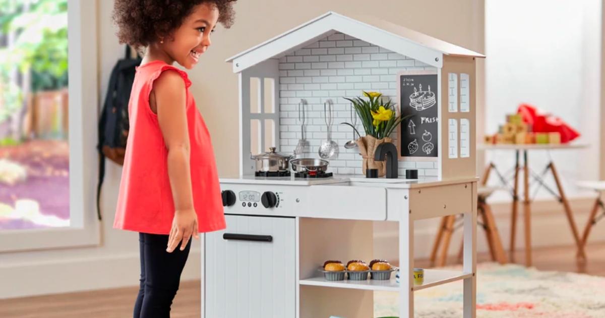 Farmhouse Play Kitchen w/ Chalkboard, Storage Shelves, and 5 Accessories