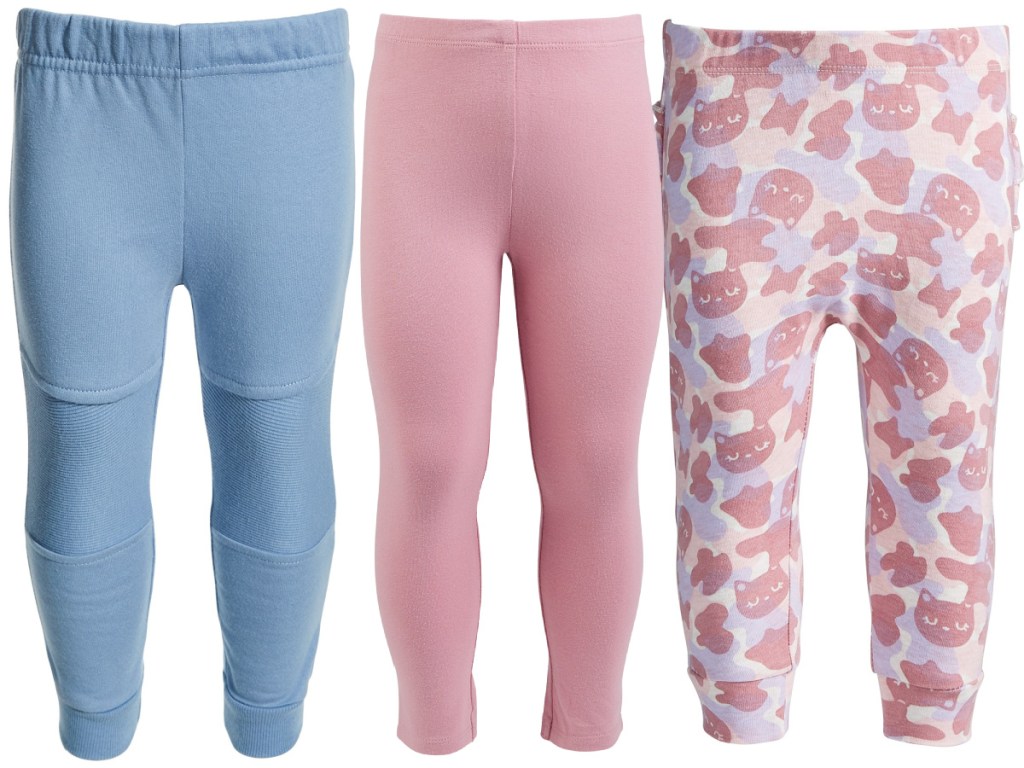 baby boy blue leggings, baby girl oink leggings, and cat camo print joggers