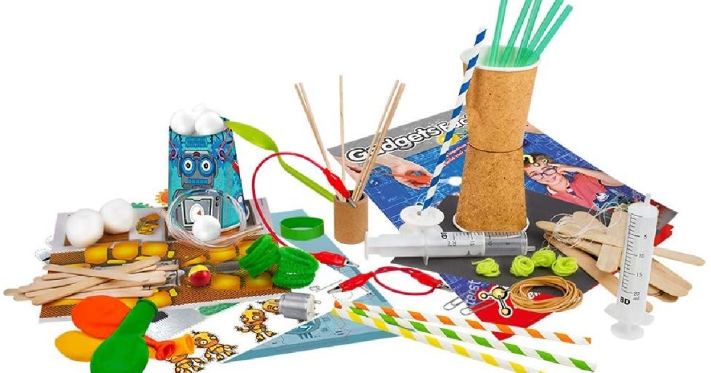 kids science kit materials like cups, cotton balls and balloons