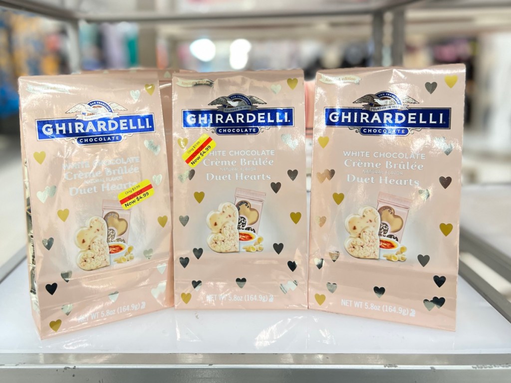 bags of white chocolate Valentine's Day candy in store