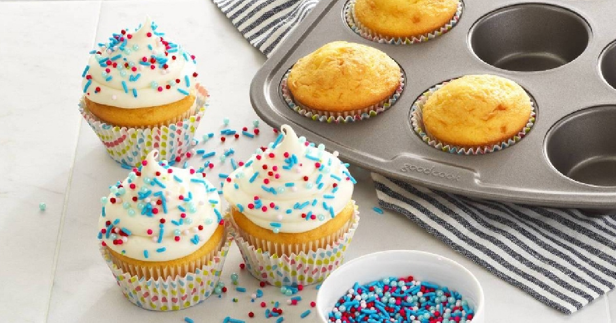 muffin tin and cupcakes