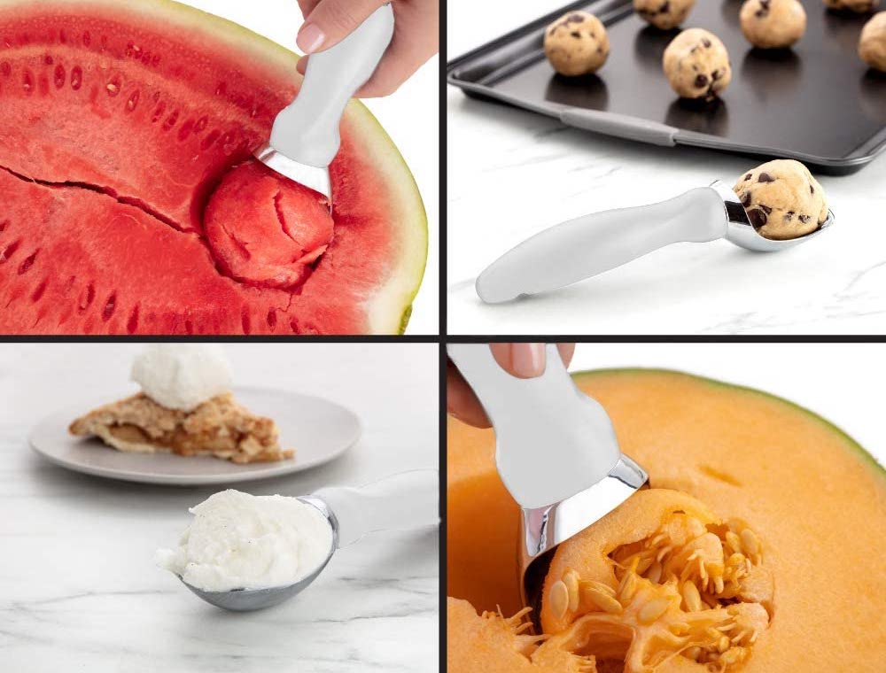 four images of an ice cream scoop being used