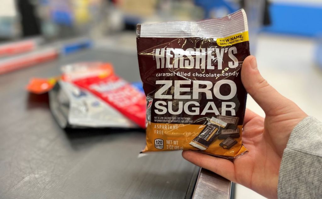 hand holding a bag of Hershey's Zero Sugar candy