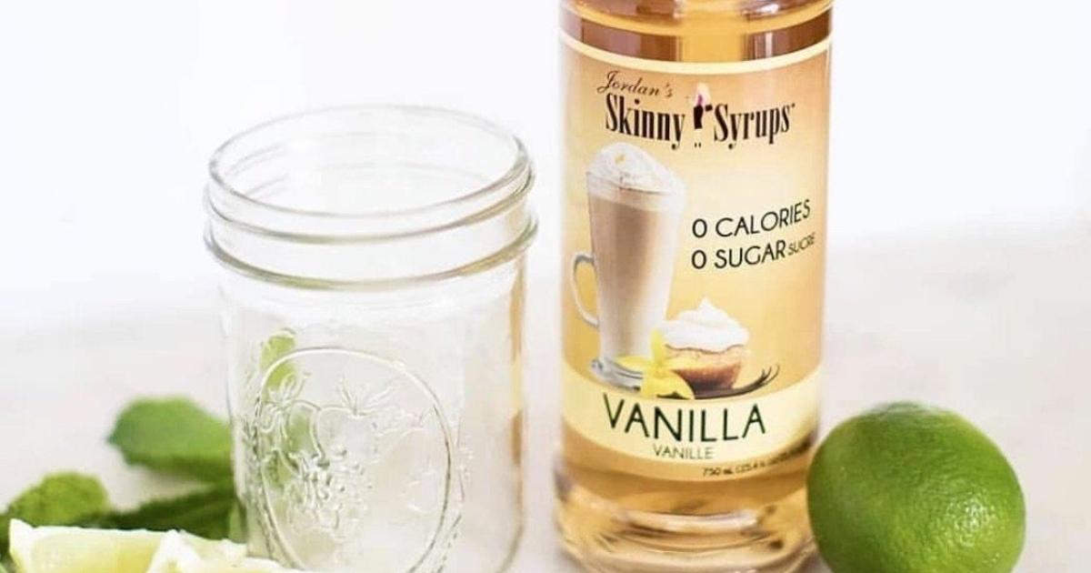 jordan's skinny syrups vanilla flavored bottle with glass