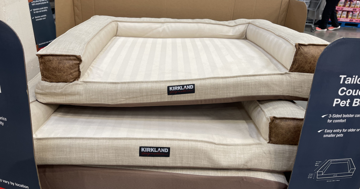 Kirkland brand pet beds on display in Costco in box