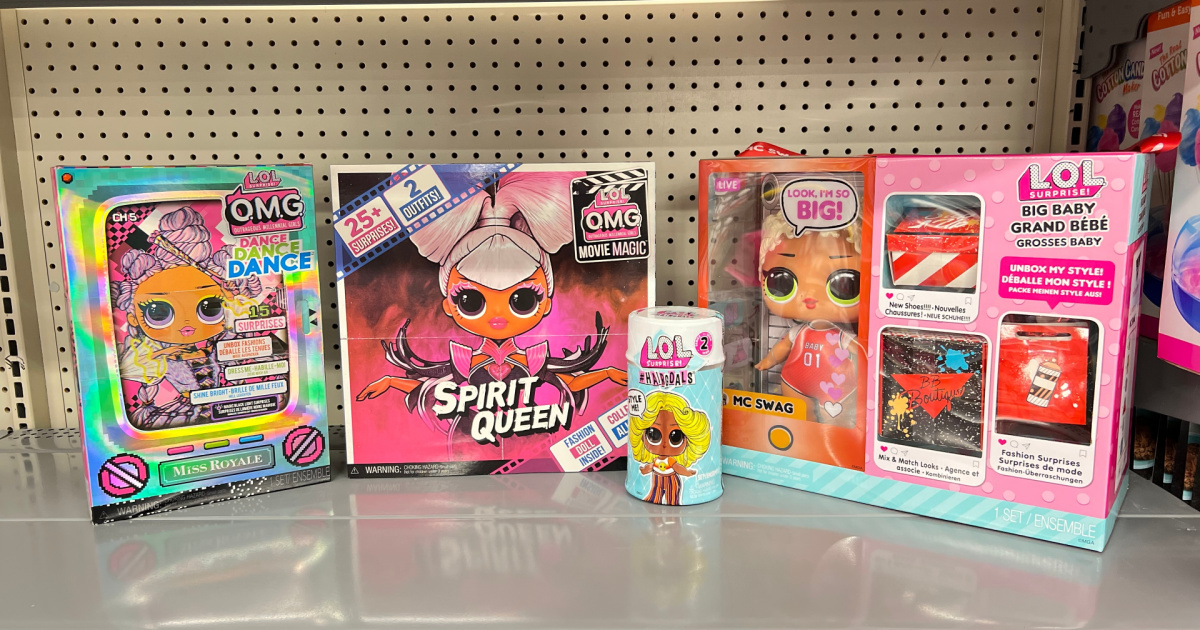 four doll playsets on store shelf