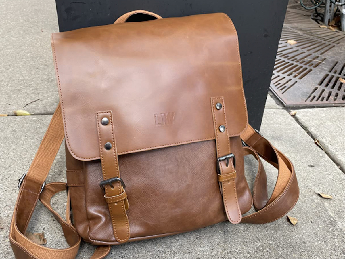 brown leather book bag