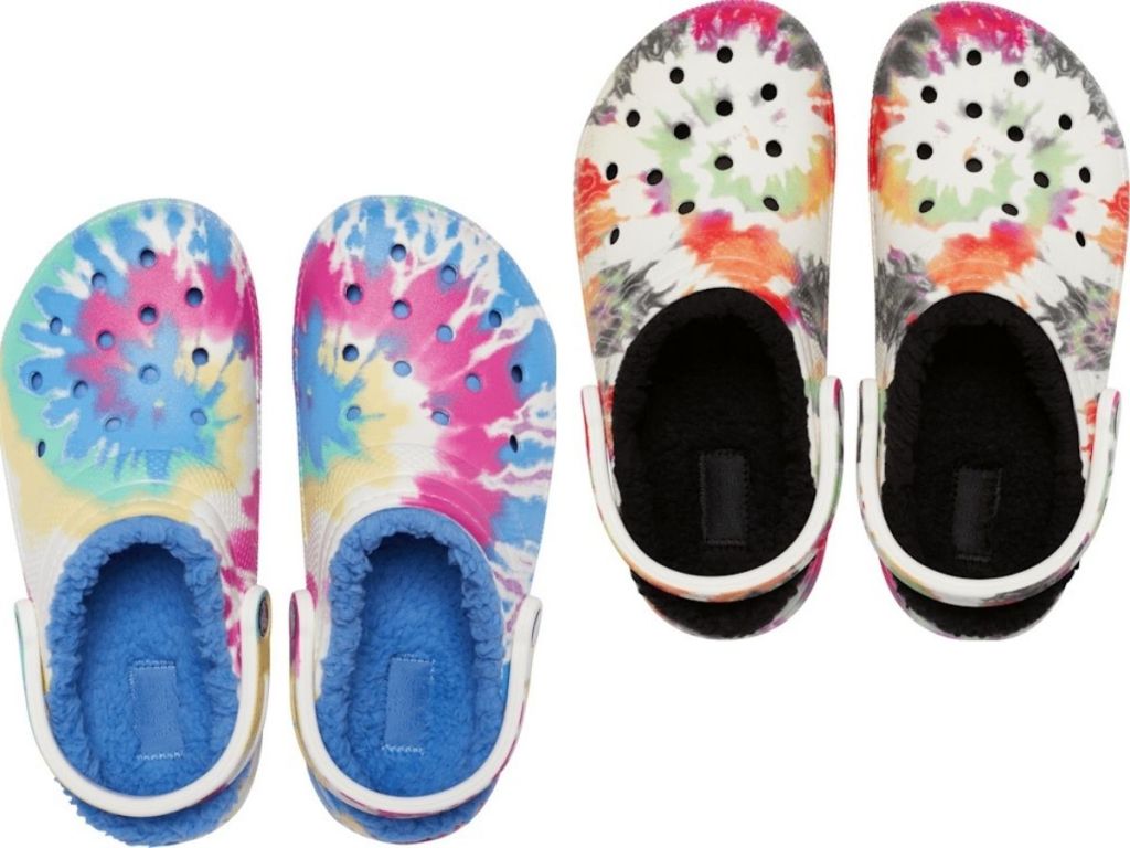 two pairs of lined tie dye crocs